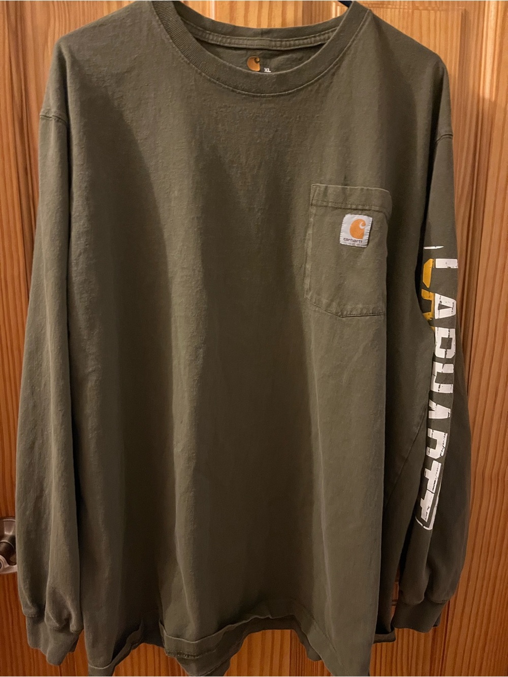 Carhartt Olive Green Long-Sleeve Pocket Tee with Sleeve Logo